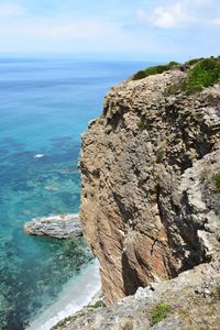 High angle view of rock formation by sea against sky