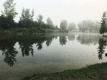Scenic view of lake by trees against sky