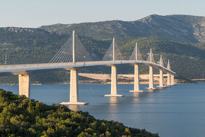 Bridge over river against mountain