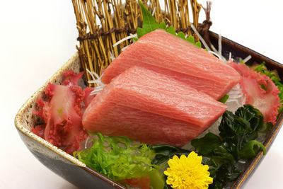 High angle view of fish on plate against white background