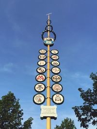 Low angle view of information sign against blue sky