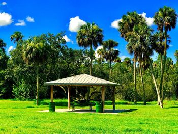 Built structure on field against trees