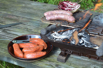 Hibachi tabletop grill, brats, radicchio, italian sausages on picnic table