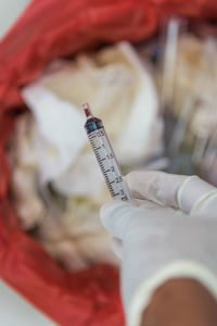 Close-up of human holding syringe