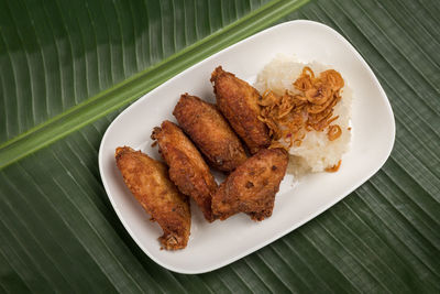 High angle view of food served on table