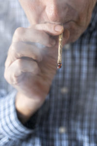 Senior man at home smoking marihuana joint