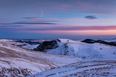 Scenic view of snow covered mountains against sky during sunset