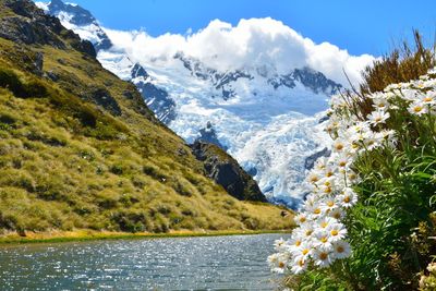 Scenic view of lake and mountains against sky