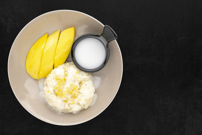 High angle view of breakfast on table