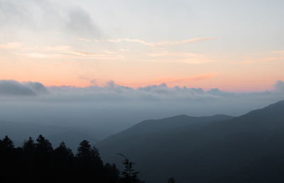 Scenic view of silhouette mountains against sky at sunset