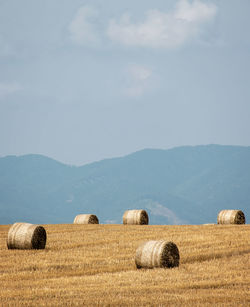 Hay bales on field against sky