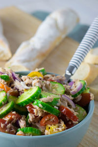 High angle view of salad in bowl on table