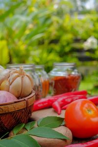 Close-up of fruits in basket on table