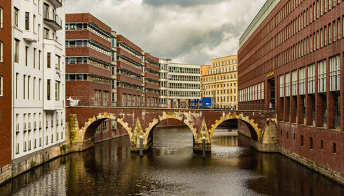 Bridge over river by buildings against sky