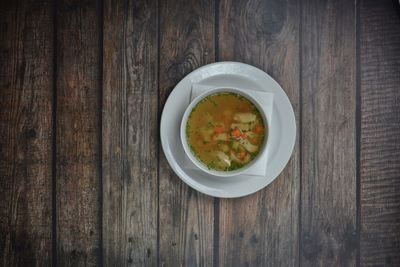 High angle view of soup in bowl on table