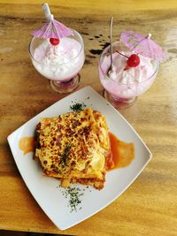 High angle view of food served on table