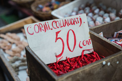 Close-up of text for sale at market stall