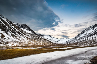 Scenic view of snowcapped mountains against sky