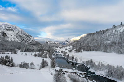 Scenic view of snowcapped mountains against sky