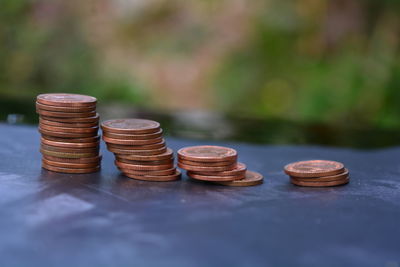 Close-up of coins on table