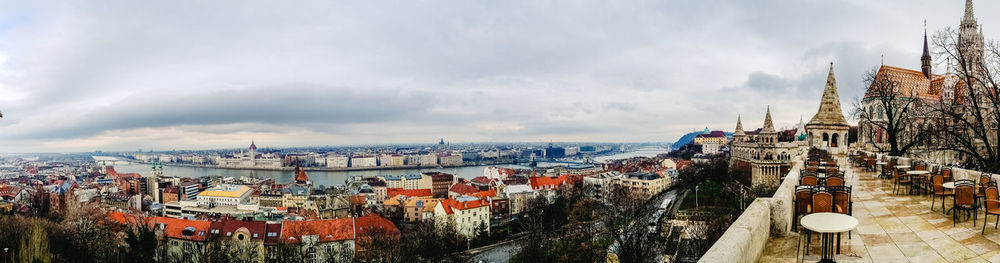 High angle view of buildings in city against sky