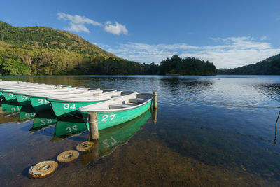 Boat moored by lake against sky