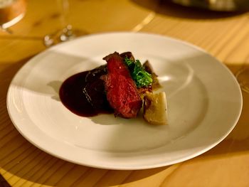 High angle view of dessert in plate on table