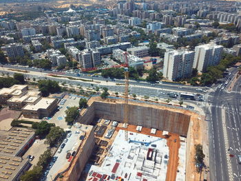 High angle view of city buildings