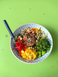 High angle view of breakfast in bowl on table