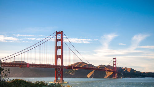 View of suspension bridge over sea