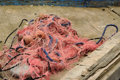 High angle view of fishing net at harbor