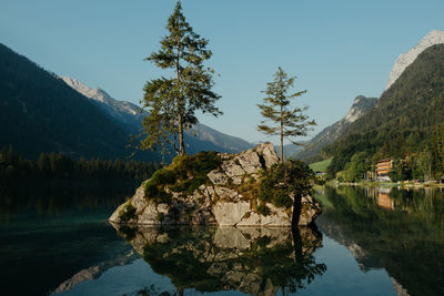 Scenic view of lake by trees against sky