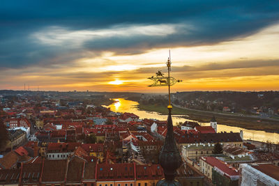 High angle view of townscape against sky at sunset