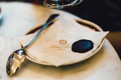 Close-up of ring on table