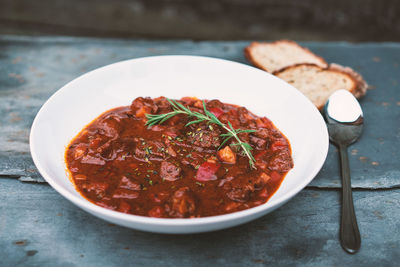 High angle view of food in bowl on table
