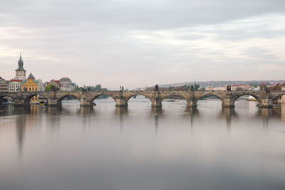 Bridge over river against cloudy sky