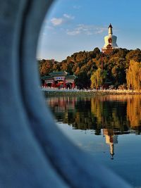 Reflection of building in lake against sky