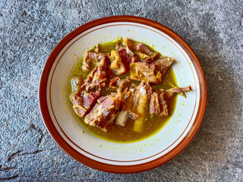 High angle view of soup in bowl on table