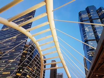 Low angle view of modern buildings against clear blue sky