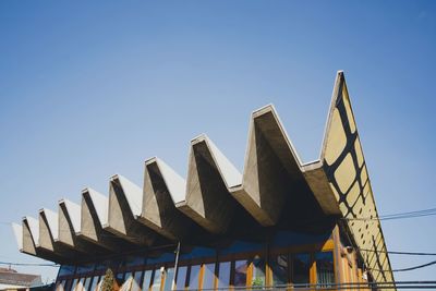 Low angle view of built structure against clear blue sky