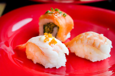 Close-up of sushi served in plate