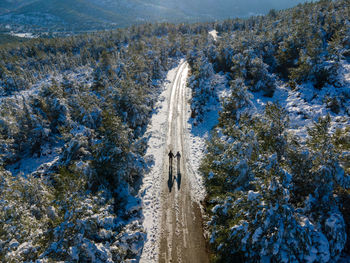 High angle view of snow covered land