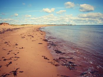 Scenic view of beach against cloudy sky