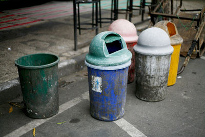 Close-up of garbage can on sidewalk