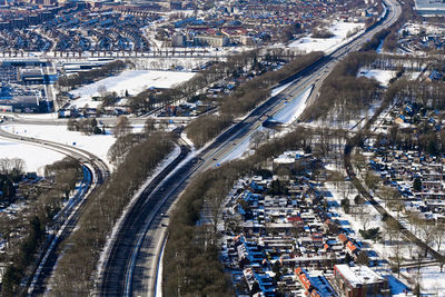 High angle view of city during winter