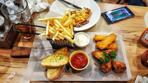 Close-up of food served on table