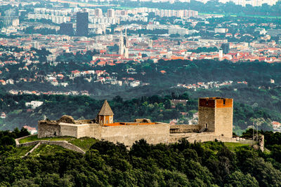 High angle view of buildings in city