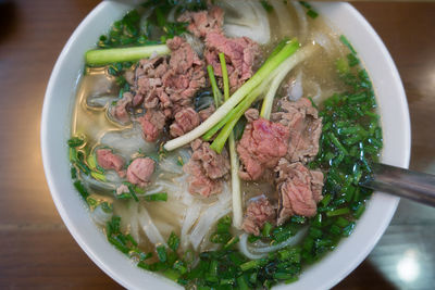 High angle view of soup in bowl on table