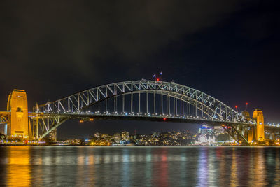 Illuminated bridge over river at night
