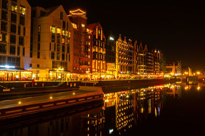 Old town in gdansk at night. the riverside on granary island reflection in moltawa river cityscape